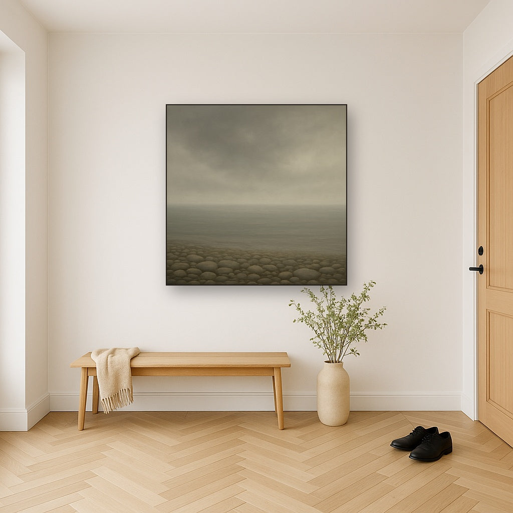 Overcast Coastal Fog & Wet Pebble Shingle No. 24 Oil Painting Staged in Bright Entryway and Hallway Gallery Wall, Hand Painted Fine Art on Linen