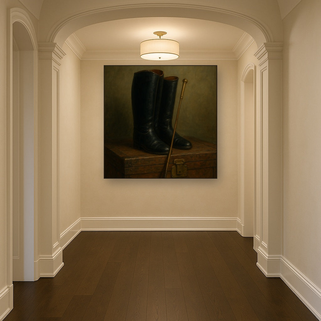 Vintage Riding Boots & Brass Crop on Trunk No. 11 Oil Painting - View 5