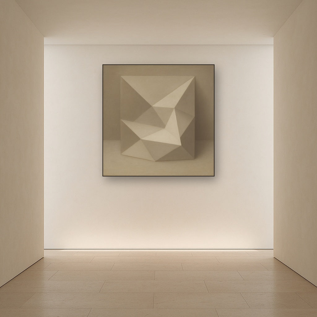 Folded Paper Geometry in Neutral Gradient Shadows No. 7 Oil Painting Staged in Bright Entryway and Hallway Gallery Wall, Hand Painted Fine Art on Linen