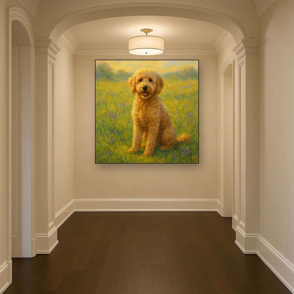 Fluffy Goldendoodle in Sun-Drenched Meadow No. 6 Fine Art Oil Painting - View 5
