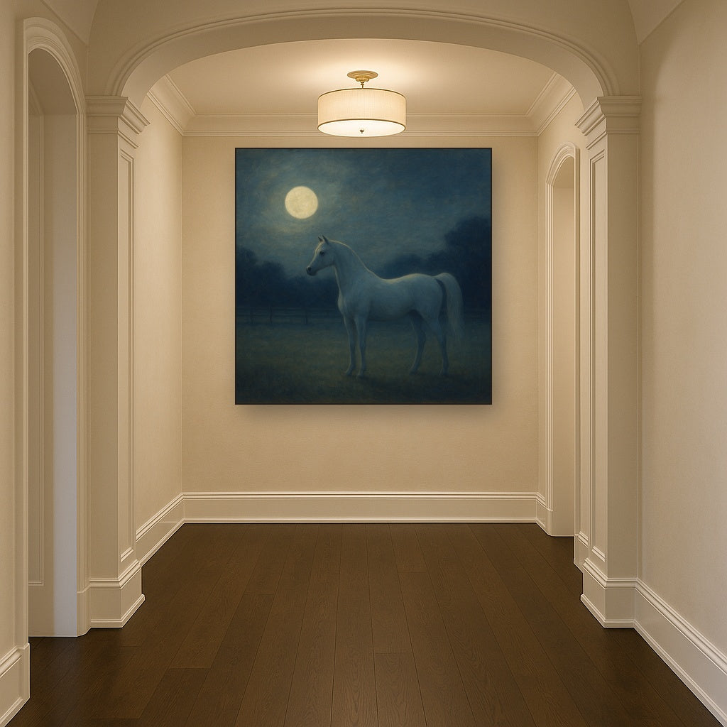 Moonlit Paddock with White Arabian Silhouette No. 16 Oil Painting - View 5