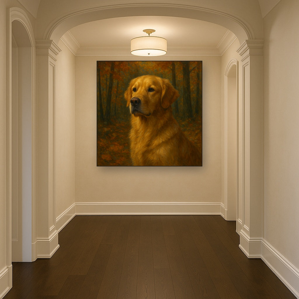 Noble Golden Retriever in Autumn Woods Fine Art Oil Painting - View 5