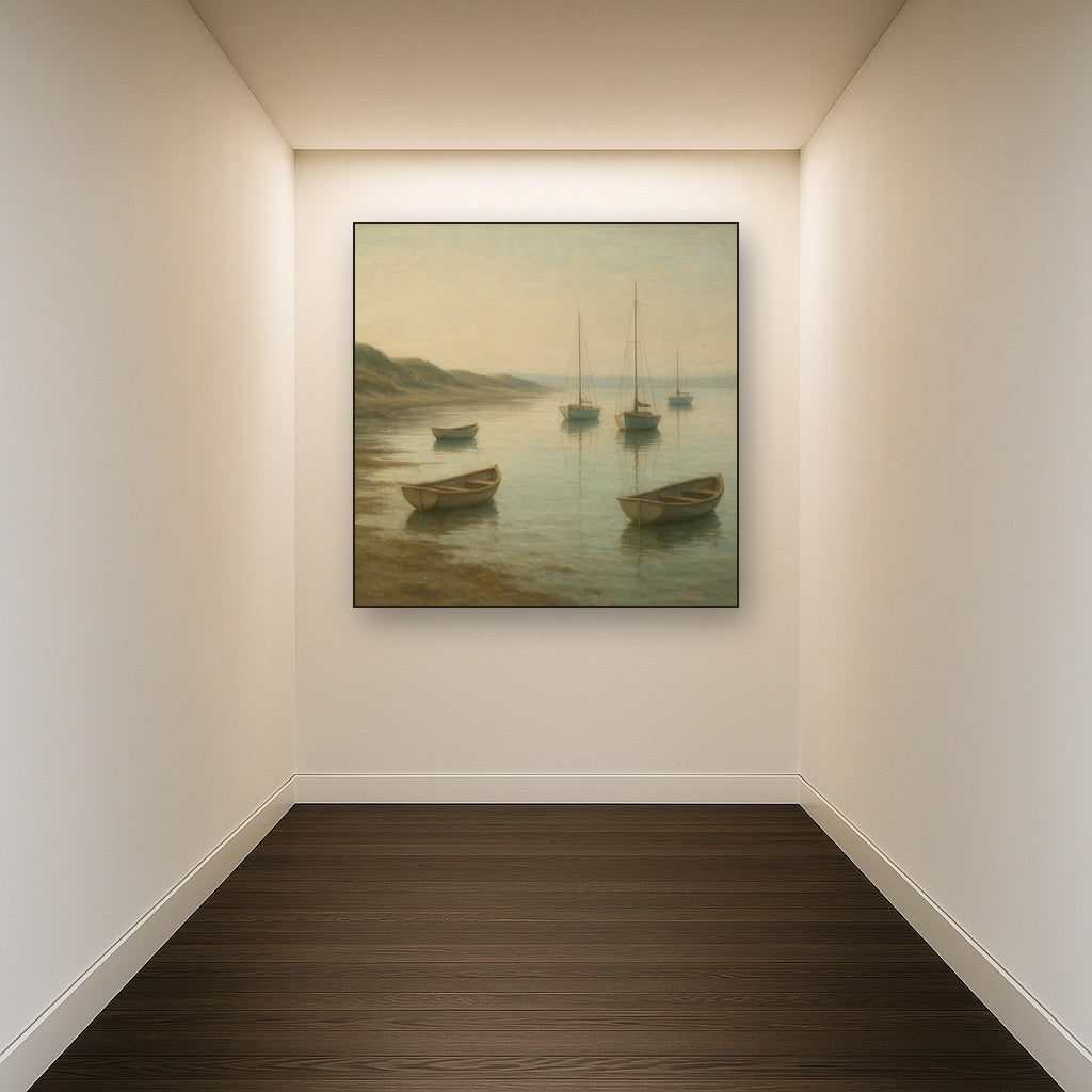 Quiet Fishing Harbor at Morning Low Tide No. 20 Oil Painting Staged in Bright Entryway and Hallway Gallery Wall, Hand Painted Fine Art on Linen