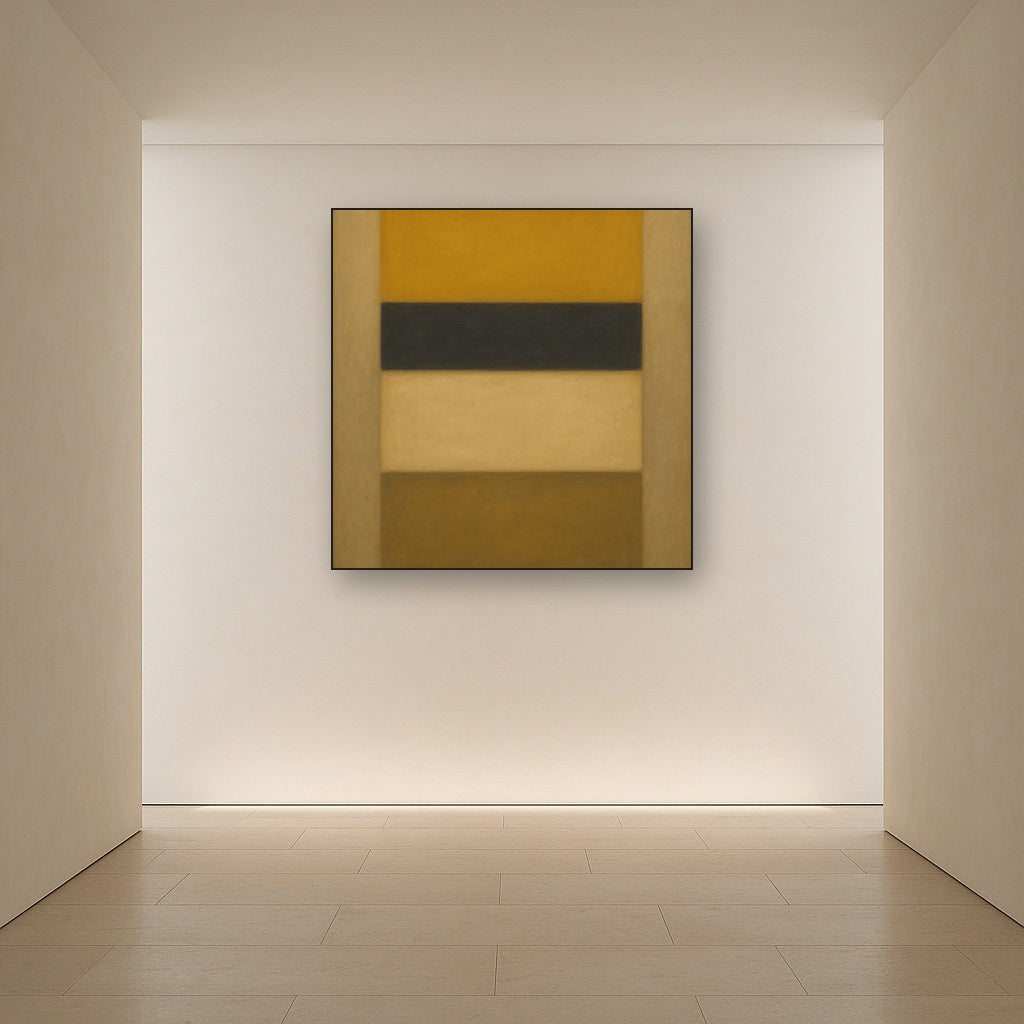 Stacked Horizon Blocks in Mustard & Charcoal No. 21 Oil Painting Staged in Bright Entryway and Hallway Gallery Wall, Hand Painted Fine Art on Linen
