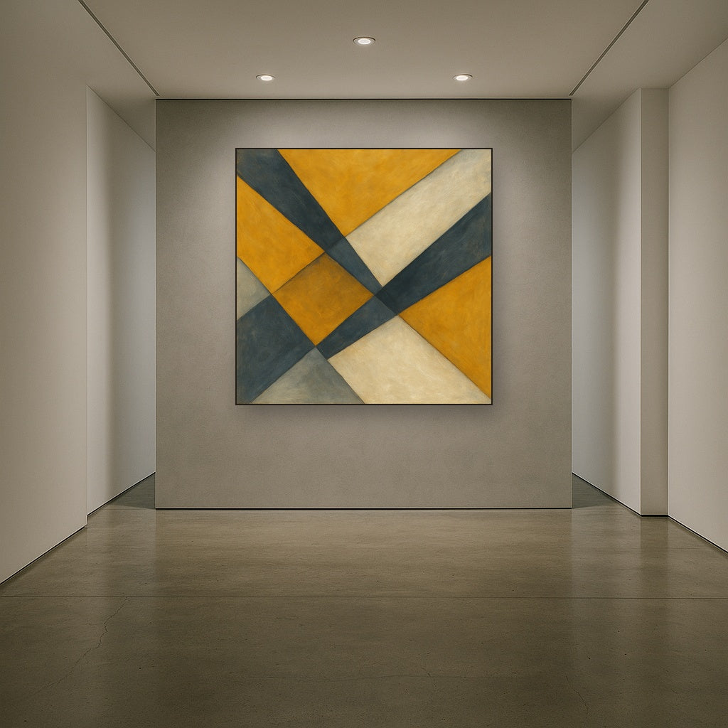 Geometric Intersection Modern Abstract Oil Painting - Styled in Entryway Hallway