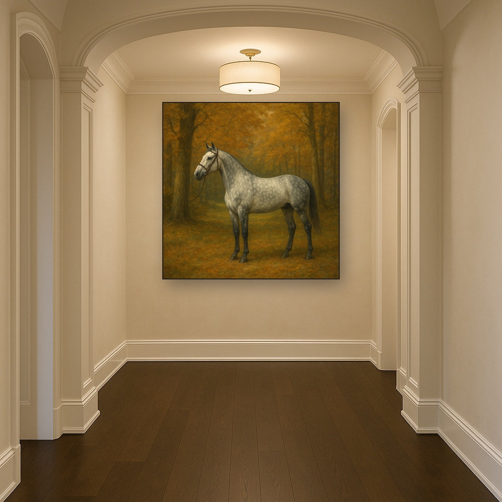 Dappled Grey Hunter in Autumn Woodland No. 7 Oil Painting Staged in Bright Entryway and Hallway Gallery Wall, Hand Painted Fine Art on Linen