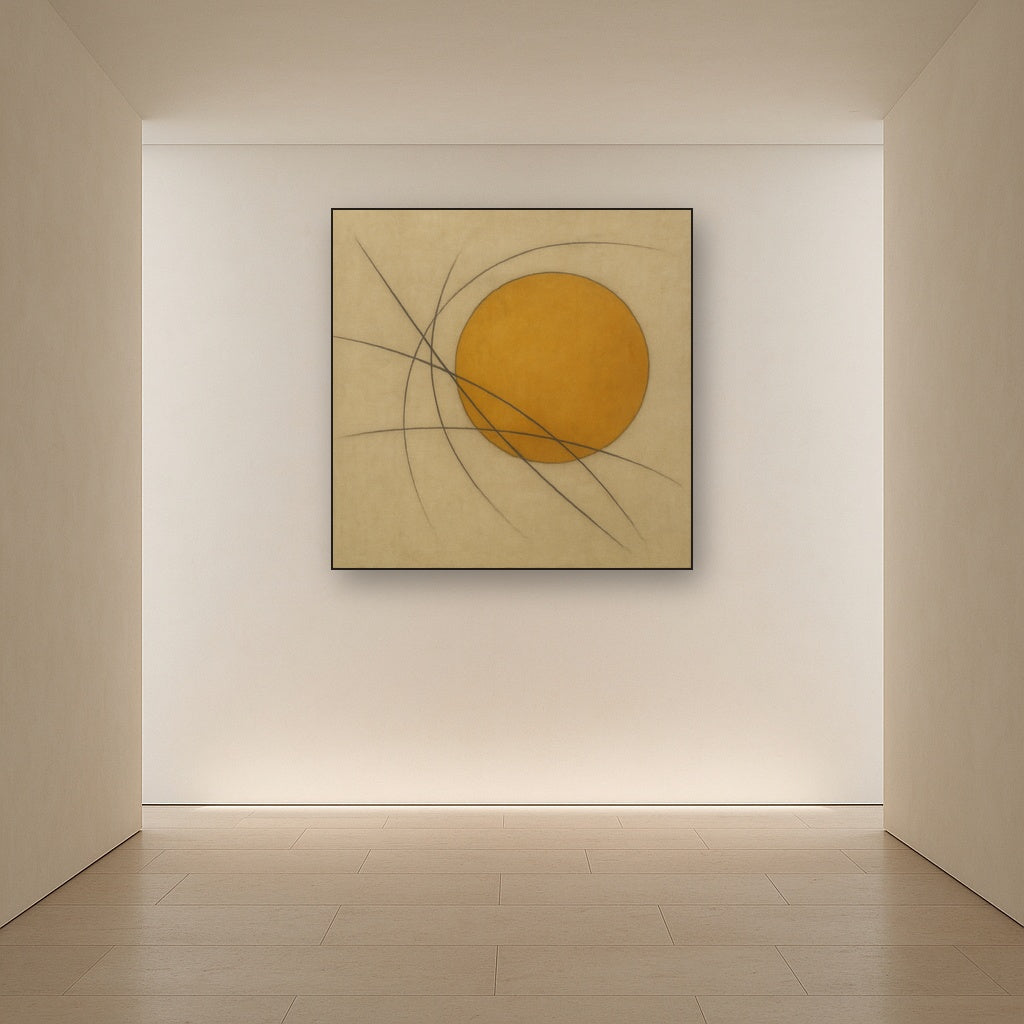 Abstract Tangent Lines & Earthy Ochre Disc No. 5 Oil Painting - View 5