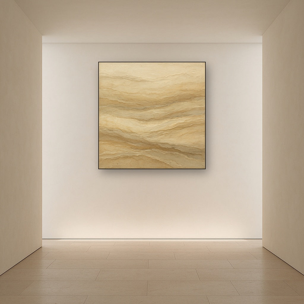 Weathered Mineral Sediments in Warm Ecru No. 4 Oil Painting Staged Above Master Bed in Bedroom, Calming Neutral Hand Painted Oil Art