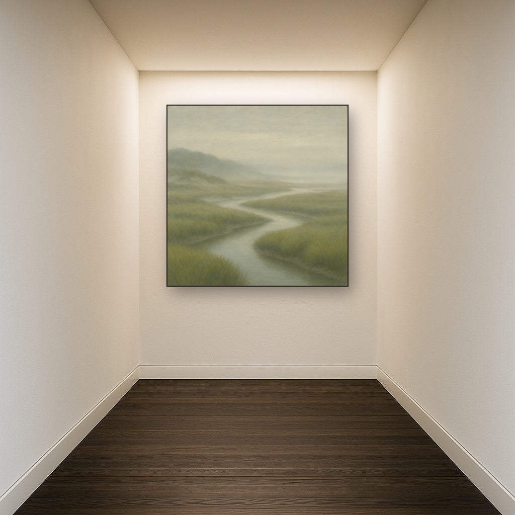 Morning Fog over Cape Cod Tidal Marsh No. 13 Oil Painting Staged in Bright Entryway and Hallway Gallery Wall, Hand Painted Fine Art on Linen
