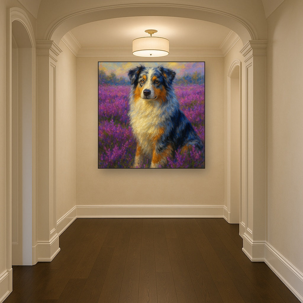 Australian Shepherd in Blooming Heather Field No. 7 Fine Art Oil Painting - View 5
