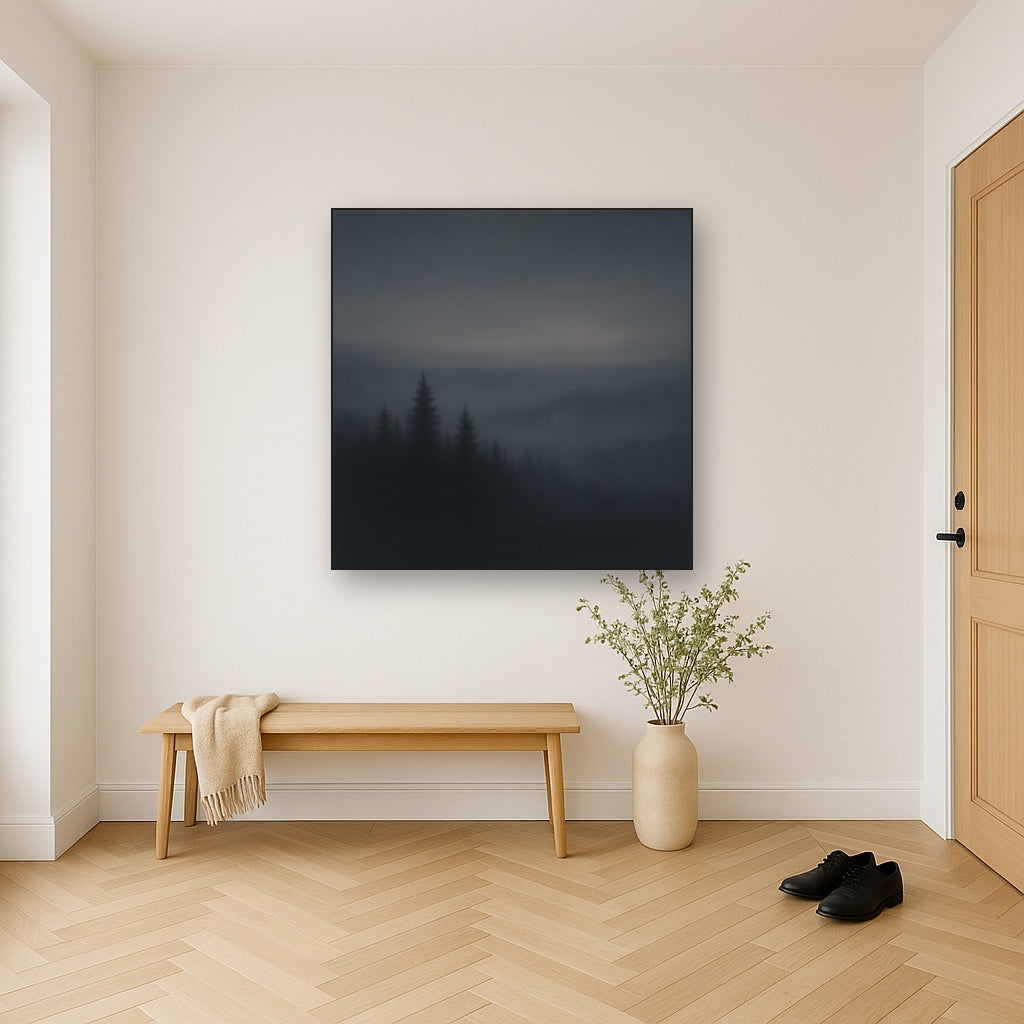Dusk over Silent Pine Ridgeline in Charcoal Fog No. 18 Oil Painting Staged in Bright Entryway and Hallway Gallery Wall, Hand Painted Fine Art on Linen