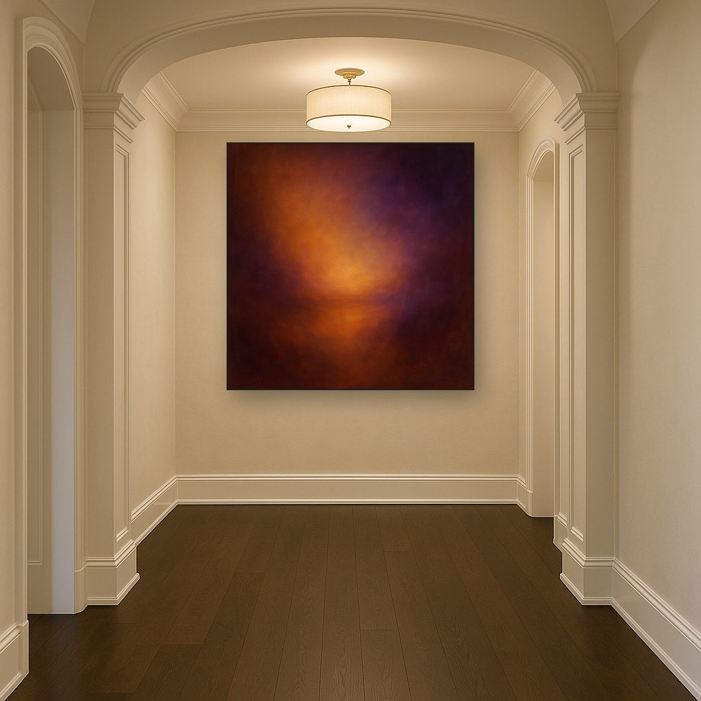 Burnt Amber & Velvet Amethyst Atmosphere No. 2 Oil Painting Staged in Bright Entryway and Hallway Gallery Wall, Hand Painted Fine Art on Linen