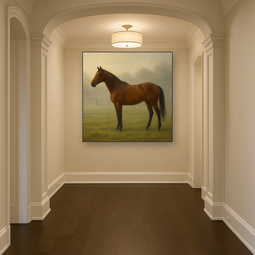 Thoroughbred in Morning Pasture Mist No. 10 Oil Painting - View 5