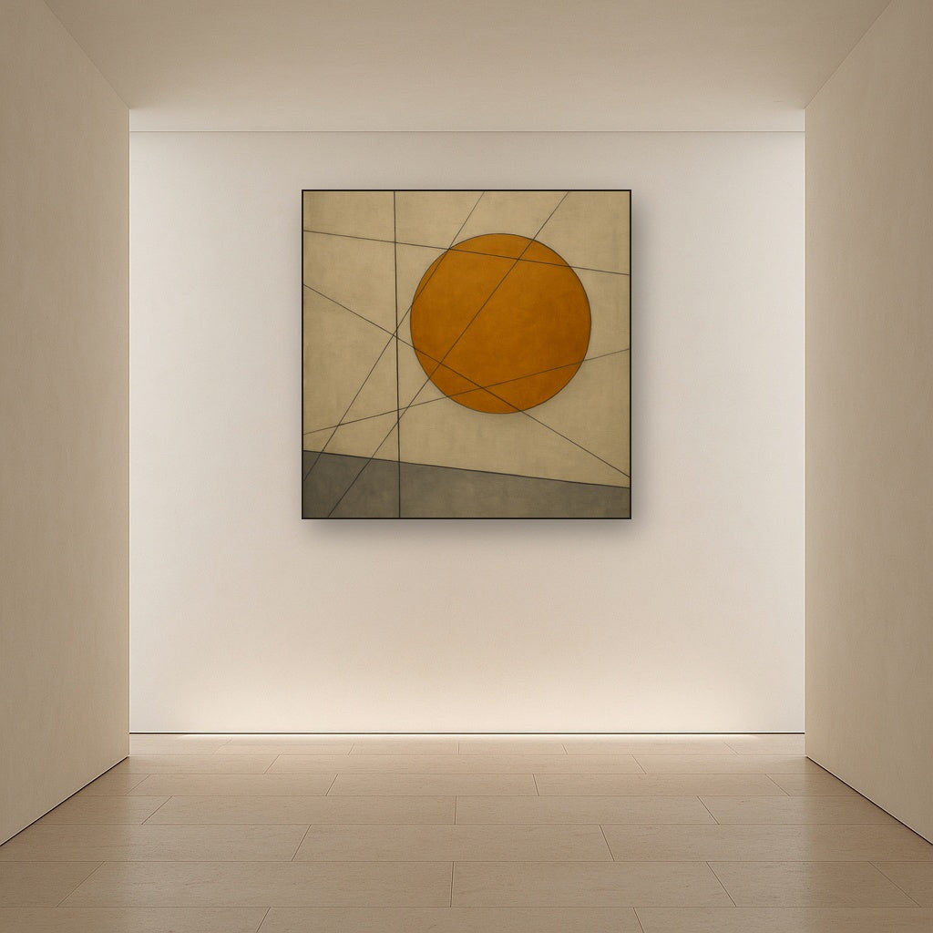 Abstract Tangent Lines & Earthy Ochre Disc No. 8 Oil Painting - View 5