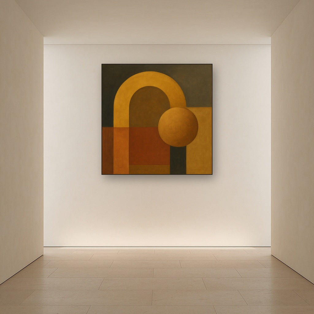 Arch & Circle Equilibrium in Warm Earth Tones No. 16 Oil Painting Staged in Bright Entryway and Hallway Gallery Wall, Hand Painted Fine Art on Linen