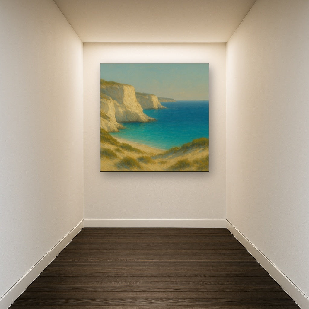 Mediterranean White Cliffs & Turquoise Cove No. 3 Oil Painting Staged in Bright Entryway and Hallway Gallery Wall, Hand Painted Fine Art on Linen