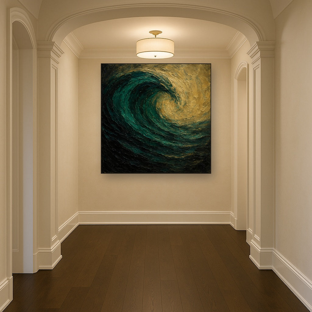 Deep Emerald & Obsidian Swell No. 4 Oil Painting - Styled in Entryway Hallway