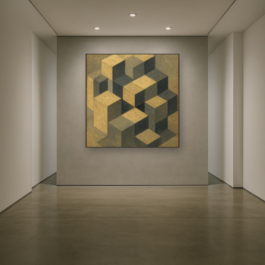 Isometric Modernist Cube Abstraction No. 3 Oil Painting - Styled in Entryway Hallway