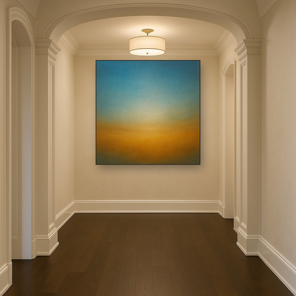 Celestial Azure & Warm Ochre Equilibrium Oil Painting Staged in Bright Entryway and Hallway Gallery Wall, Hand Painted Fine Art on Linen