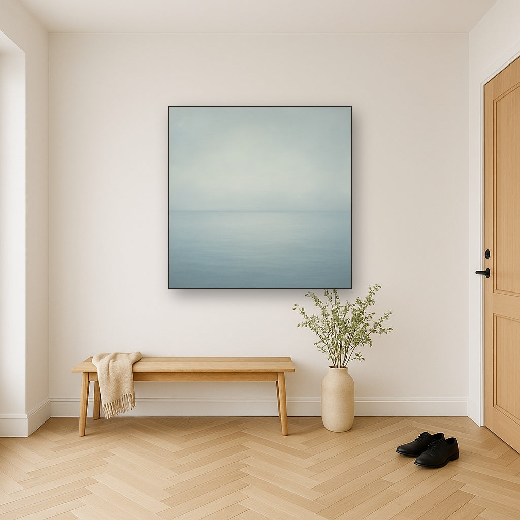 Glass Horizon over Quiet Arctic Waters No. 17 Oil Painting Staged in Bright Entryway and Hallway Gallery Wall, Hand Painted Fine Art on Linen