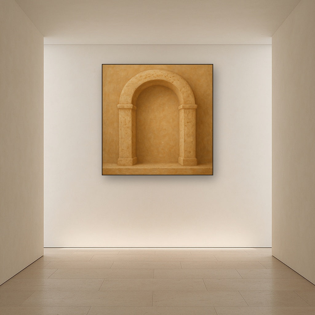 Travertine Stone Arch & Earth Tones No. 6 Oil Painting Staged in Bright Entryway and Hallway Gallery Wall, Hand Painted Fine Art on Linen