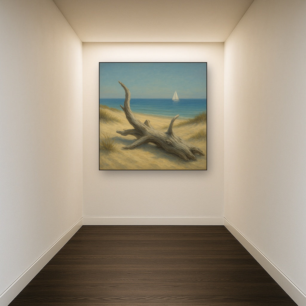 Sun-Bleached Driftwood & Distant Sailboat No. 20 Oil Painting - View 5