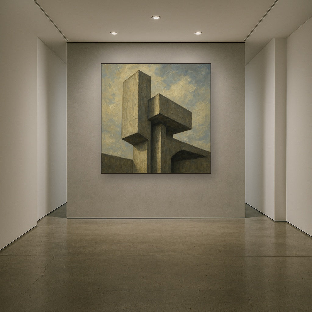 Brutalist Concrete Monolith & Sky No. 4 Oil Painting - Styled in Entryway Hallway