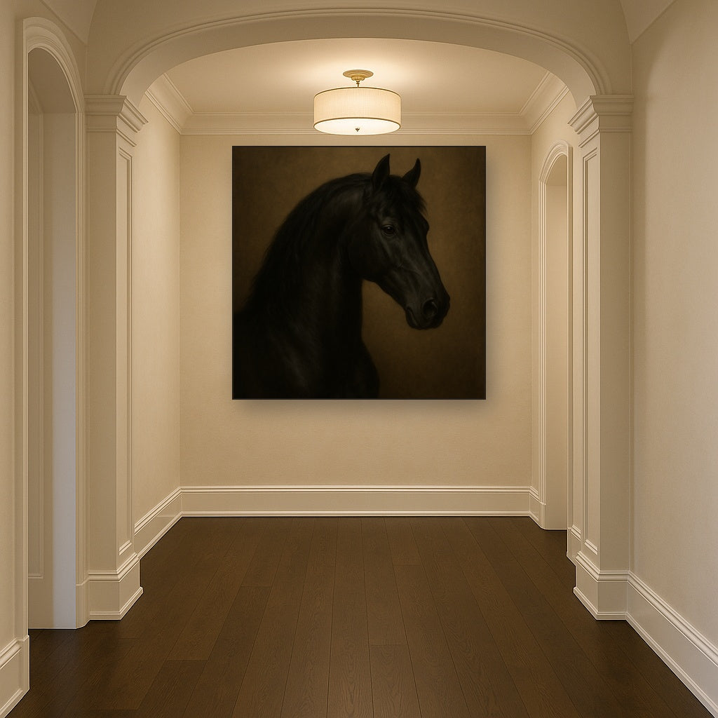 Dark Stallion Portrait in Classical Sfumato No. 15 Oil Painting Staged in Bright Entryway and Hallway Gallery Wall, Hand Painted Fine Art on Linen