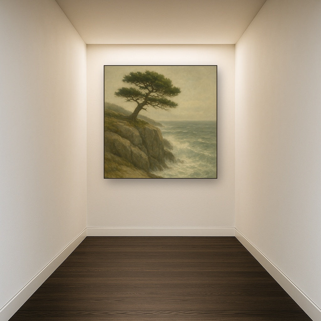 Wild Coastal Pine on Stormy Granite Cliff No. 3 Oil Painting Staged in Bright Entryway and Hallway Gallery Wall, Hand Painted Fine Art on Linen