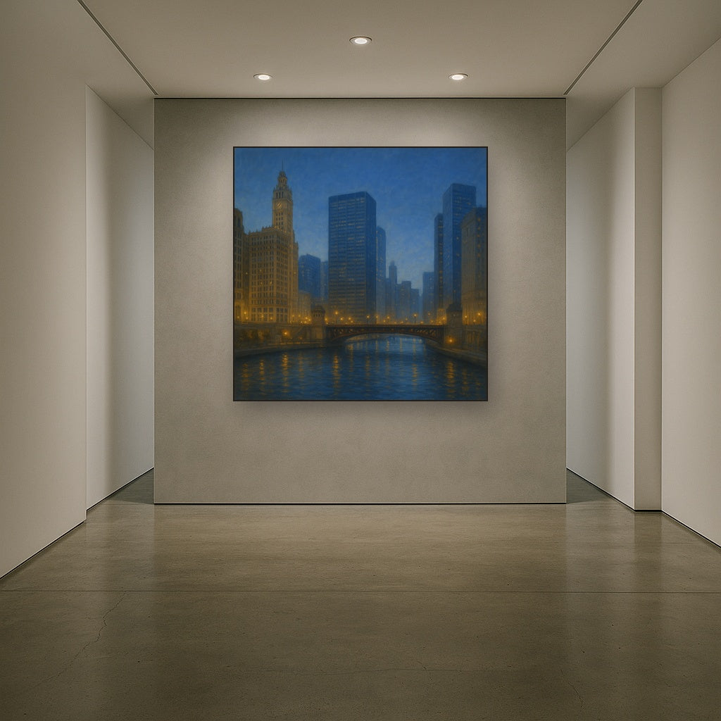 Chicago Riverfront Architecture at Blue Hour No. 28 Oil Painting - View 5
