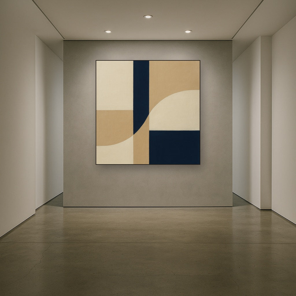 Navy & Warm Beige Geometric Line Balance No. 5 Fine Art Oil Painting - View 5