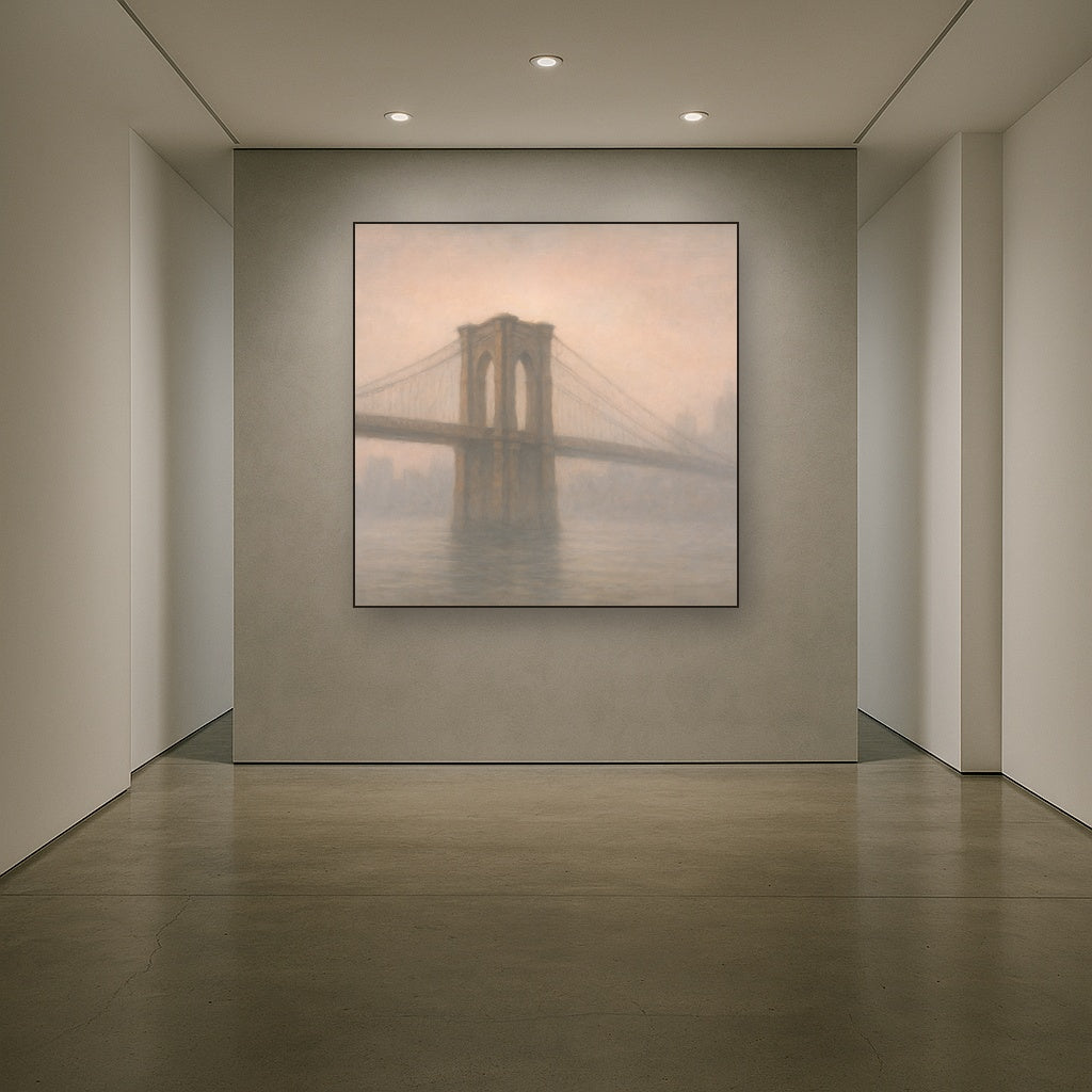 Brooklyn Bridge in Morning River Mist No. 26 Oil Painting Staged Above Master Bed in Bedroom, Calming Neutral Hand Painted Oil Art
