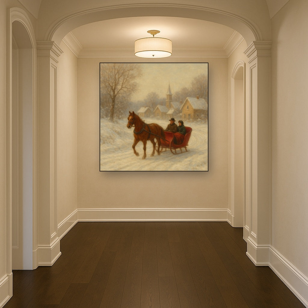 Horse-Drawn Sleigh on Village Snow Road No. 4 Oil Painting - View 5