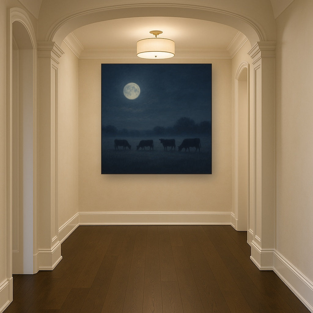 Moonlit Pastoral Meadow & Cattle Silhouettes No. 6 Oil Painting - View 5