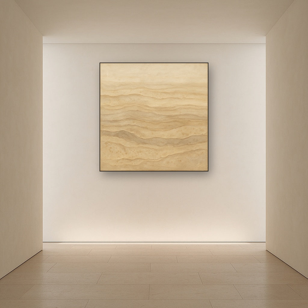 Weathered Mineral Sediments in Warm Ecru No. 9 Oil Painting Staged in Bright Entryway and Hallway Gallery Wall, Hand Painted Fine Art on Linen