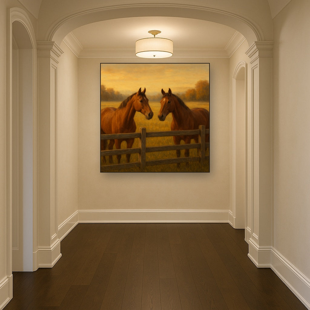 Two Horses at Rustic Post & Rail Fence No. 12 Oil Painting Staged in Bright Entryway and Hallway Gallery Wall, Hand Painted Fine Art on Linen