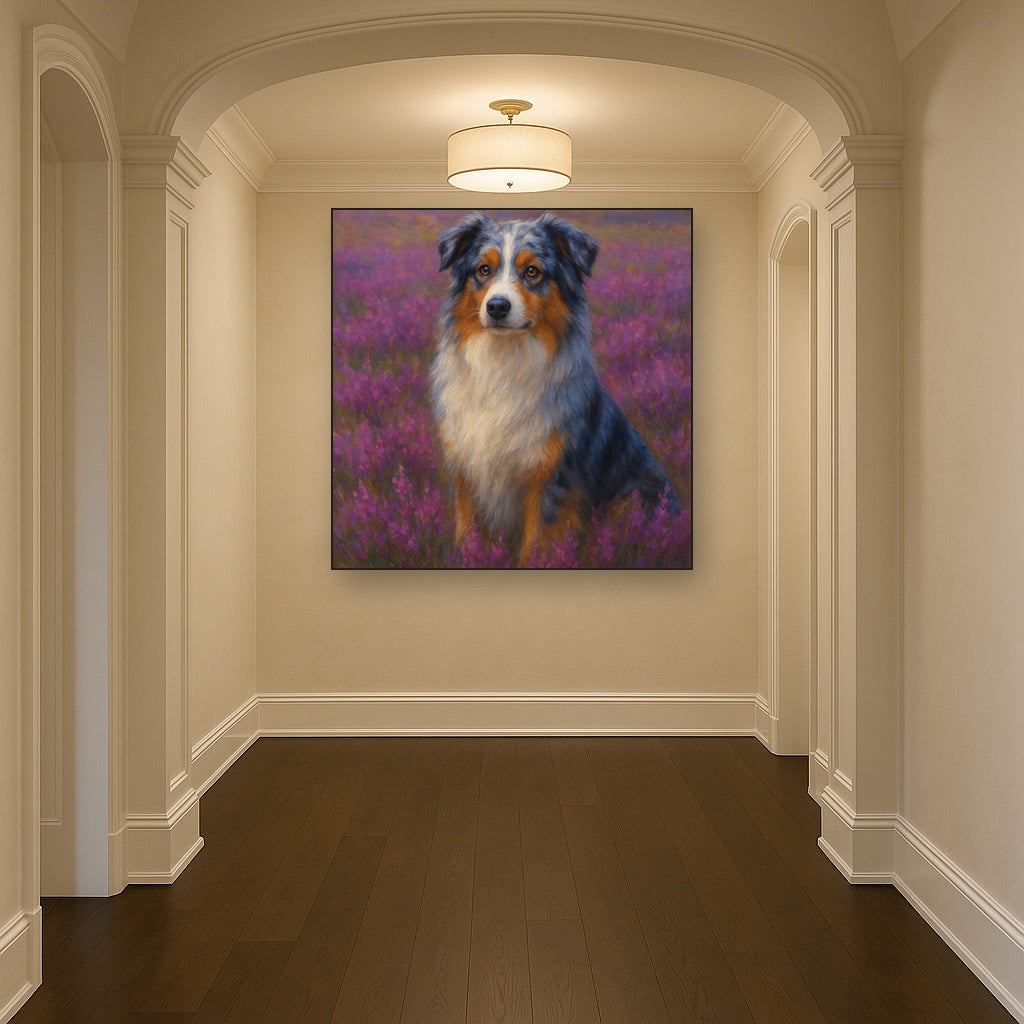 Australian Shepherd in Blooming Heather Field No. 15 Fine Art Oil Painting - View 5