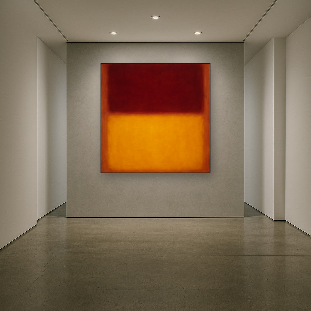 Crimson Burgundy & Saffron Gold Color Vibrations No. 11 Oil Painting Staged in Bright Entryway and Hallway Gallery Wall, Hand Painted Fine Art on Linen