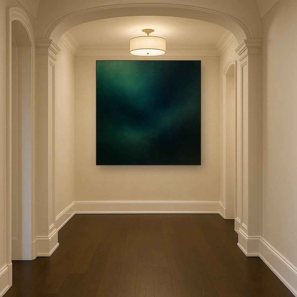 Emerald & Midnight Sapphire Sfumato Immersion No. 11 Oil Painting Staged in Bright Entryway and Hallway Gallery Wall, Hand Painted Fine Art on Linen