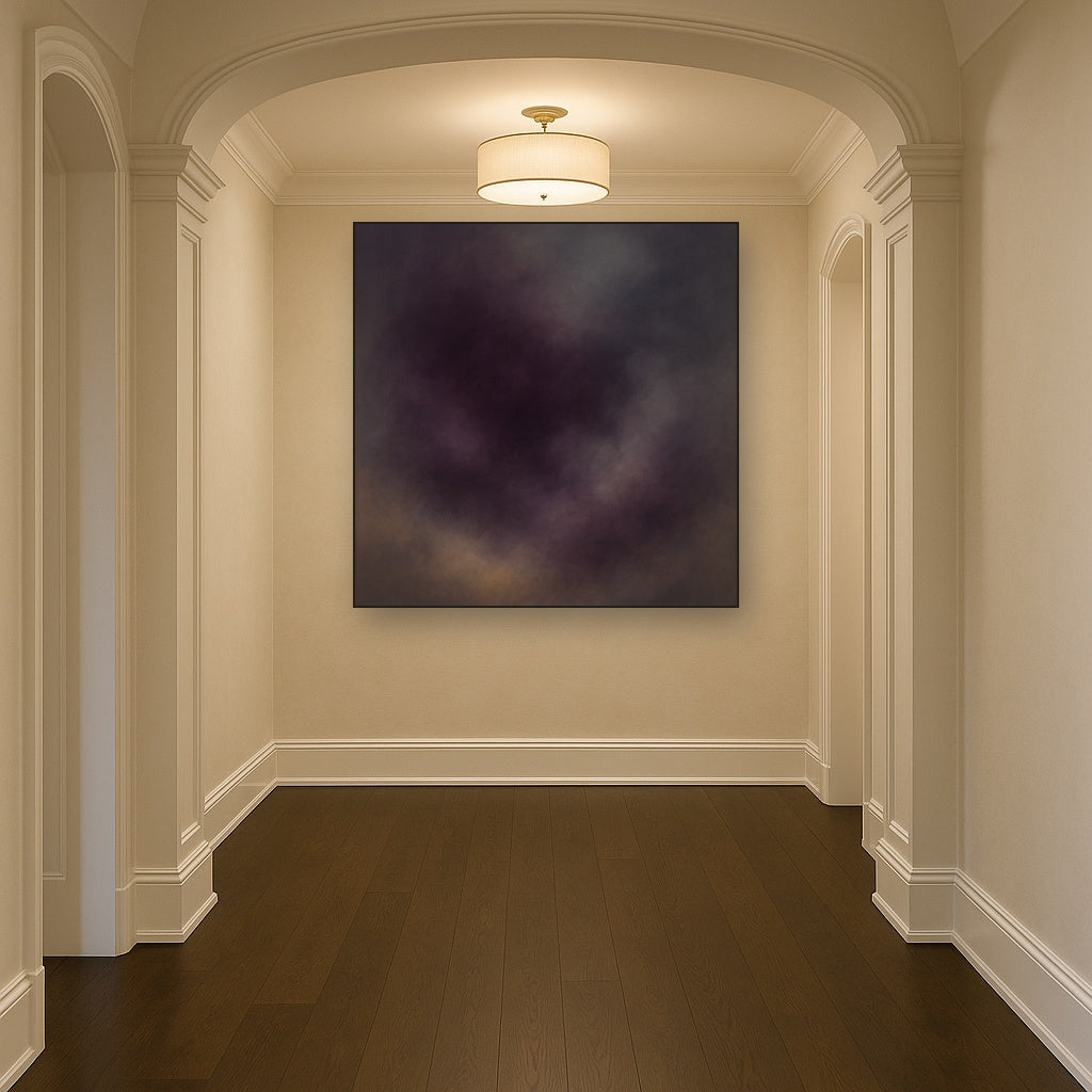 Gilded Plum & Soft Smoke Cloud Harmony No. 18 Oil Painting Staged in Bright Entryway and Hallway Gallery Wall, Hand Painted Fine Art on Linen