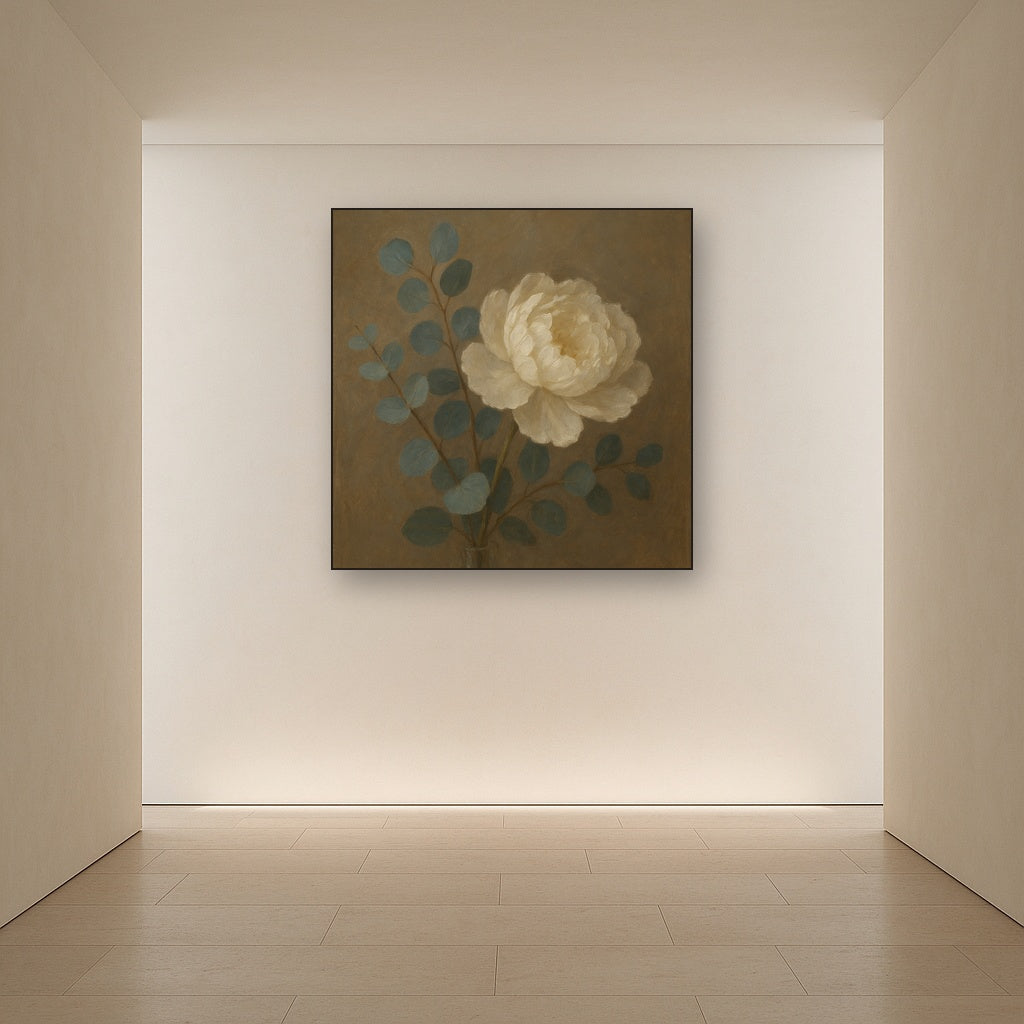 Eucalyptus & White Peony Minimalist Flora Fine Art Oil Painting - View 5