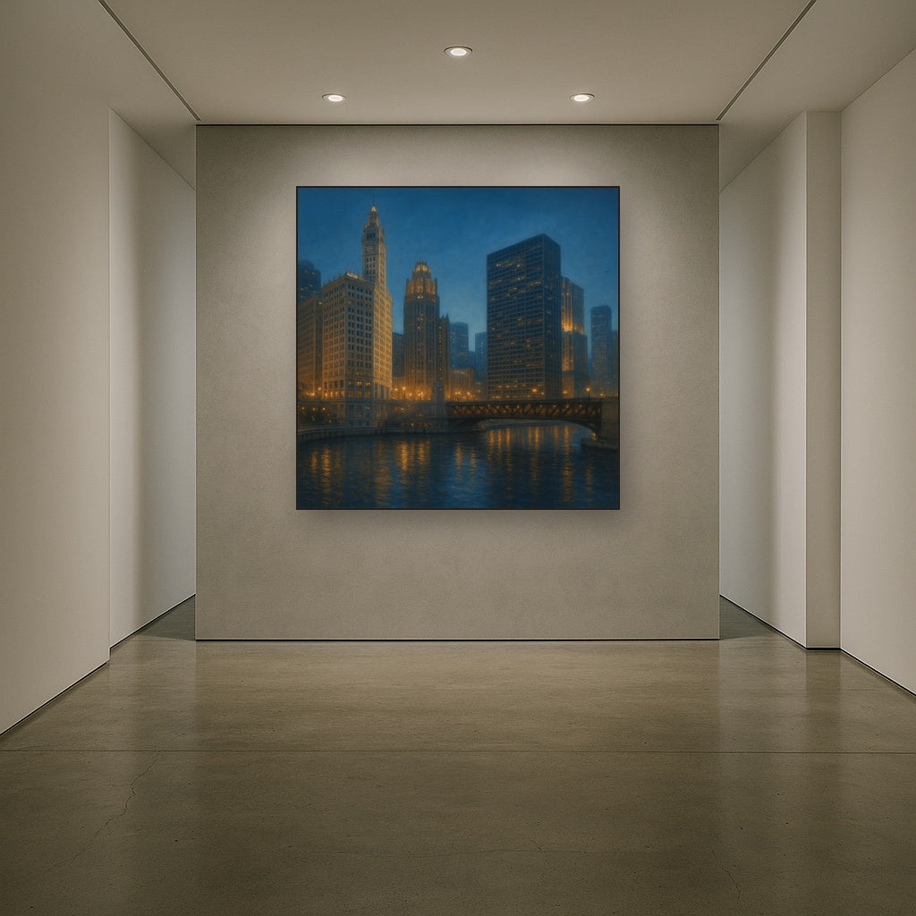 Chicago Riverfront Architecture at Blue Hour No. 9 Oil Painting - View 5