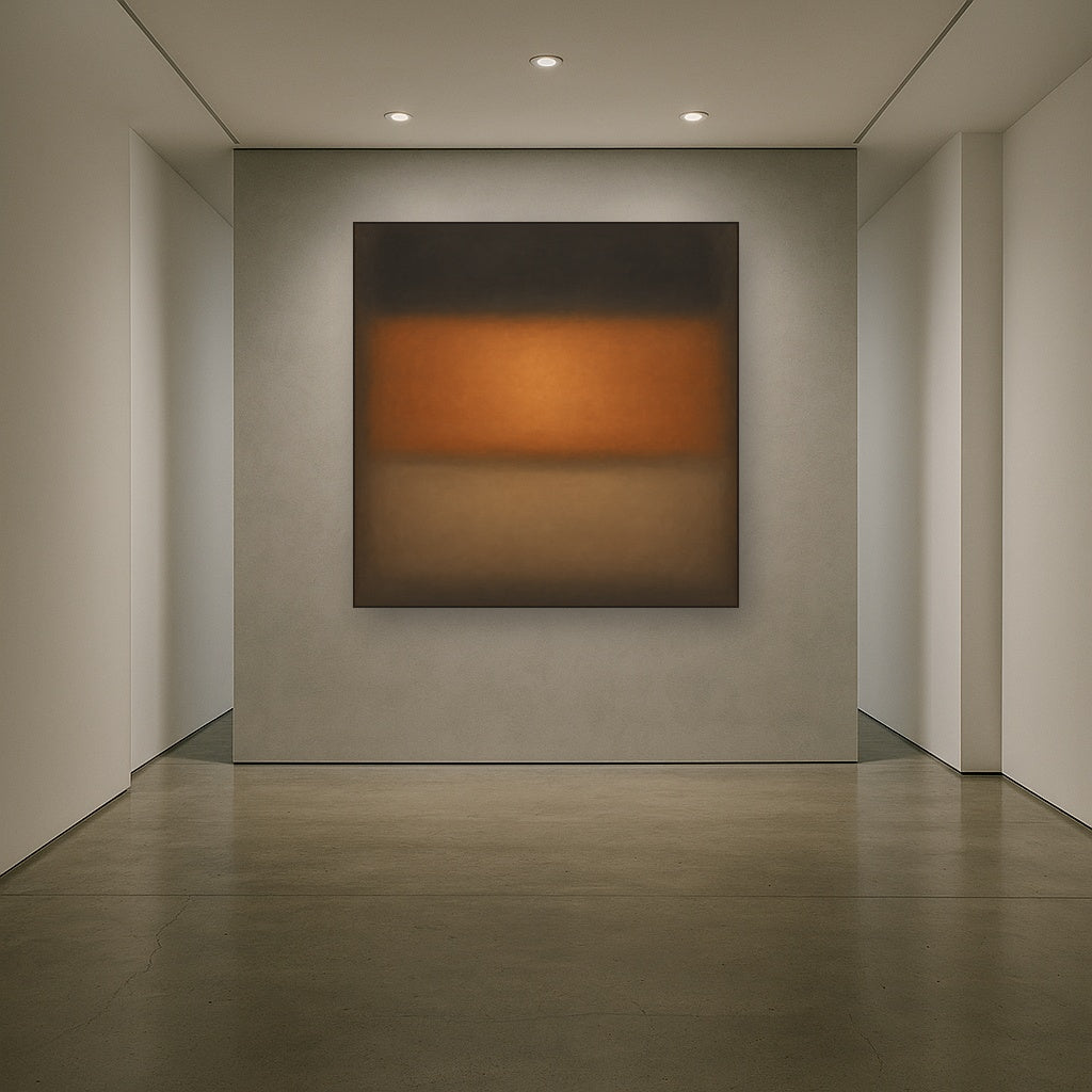 Charcoal Slate & Burnished Copper Horizon No. 7 Oil Painting Staged in Bright Entryway and Hallway Gallery Wall, Hand Painted Fine Art on Linen