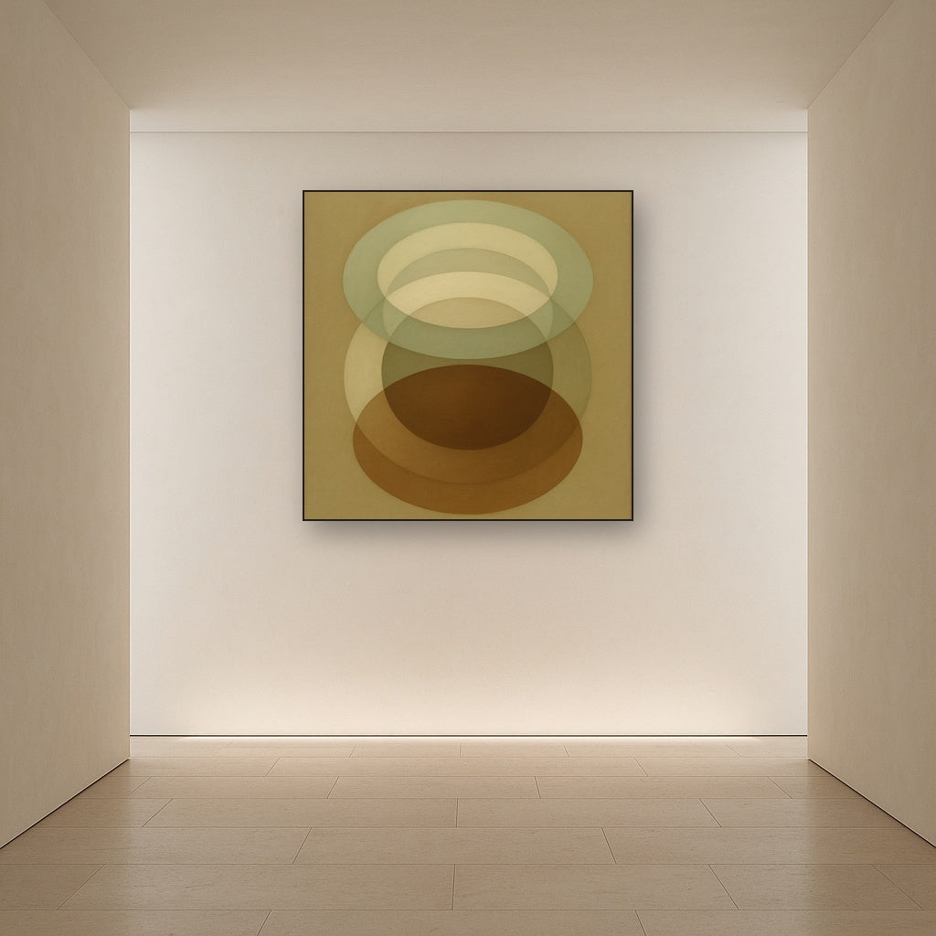 Floating Ellipse Harmony in Walnut & Pale Sage No. 9 Oil Painting Staged in Bright Entryway and Hallway Gallery Wall, Hand Painted Fine Art on Linen