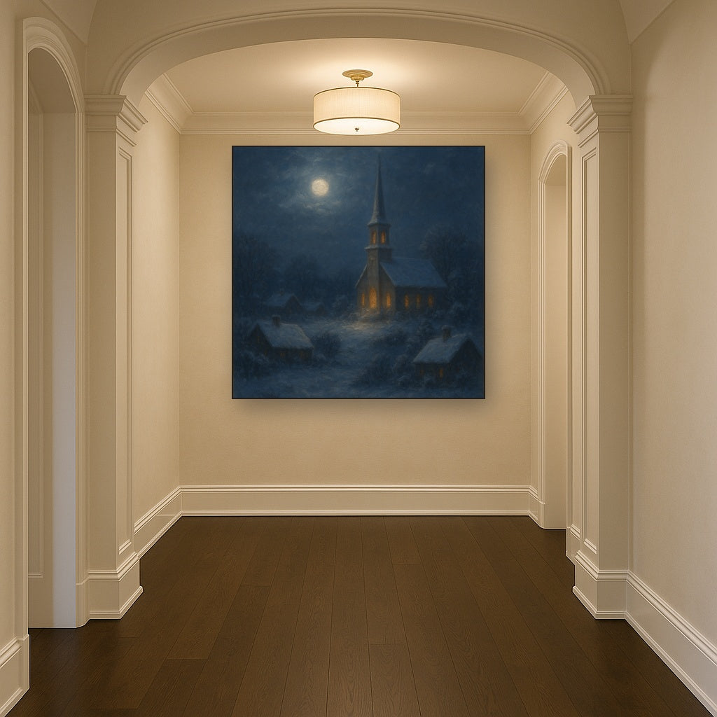 Moonlight Over Snowy Village Steeple No. 8 Oil Painting - View 5