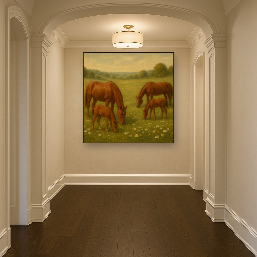 Mares & Foals Grazing in Rolling Meadow No. 20 Oil Painting Staged in Bright Entryway and Hallway Gallery Wall, Hand Painted Fine Art on Linen