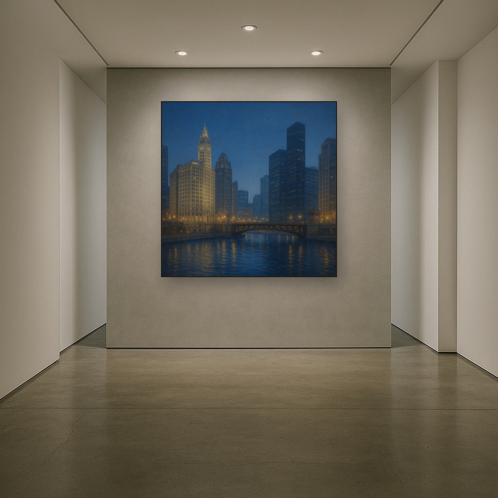 Chicago Riverfront Architecture at Blue Hour No. 3 Oil Painting - View 5