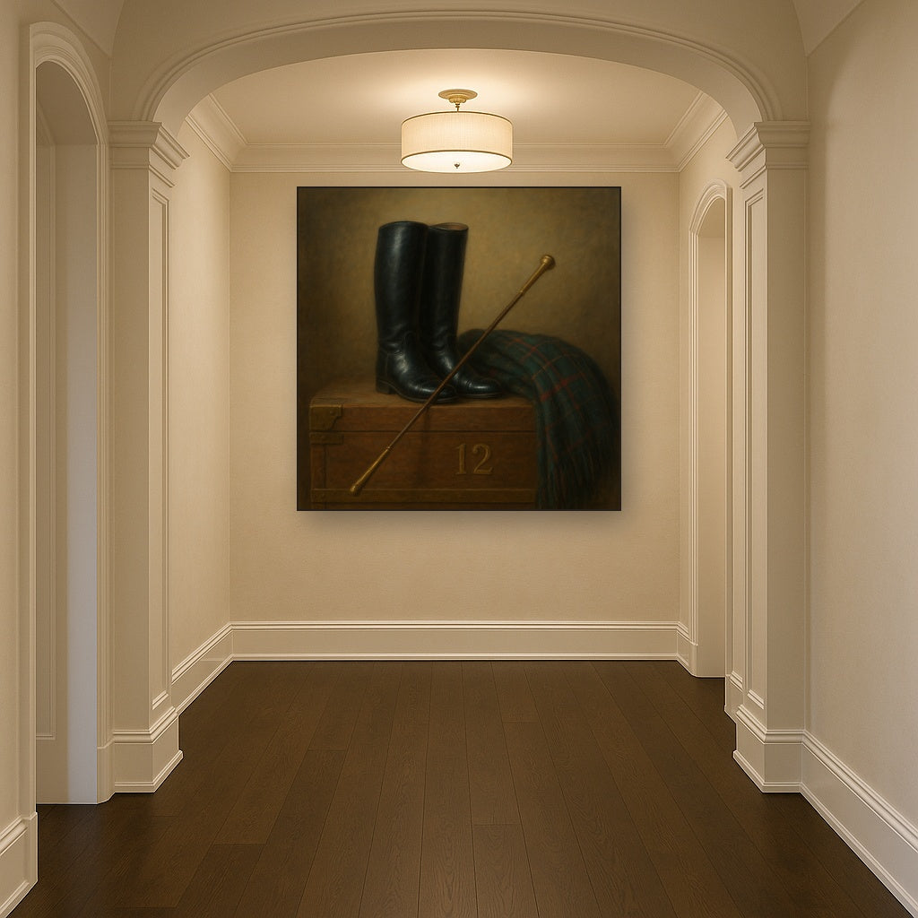 Vintage Riding Boots & Brass Crop on Trunk No. 12 Oil Painting Staged in Bright Entryway and Hallway Gallery Wall, Hand Painted Fine Art on Linen