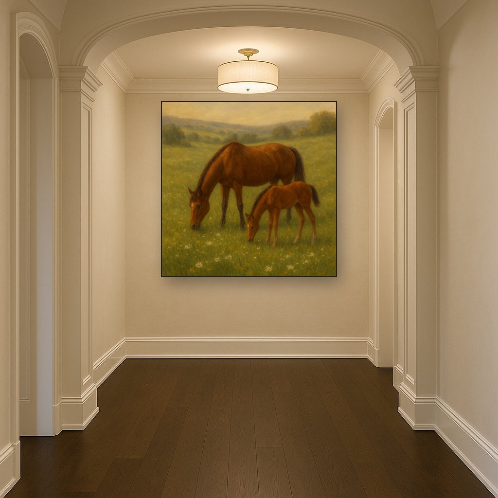 Mares & Foals Grazing in Rolling Meadow No. 18 Oil Painting - View 5