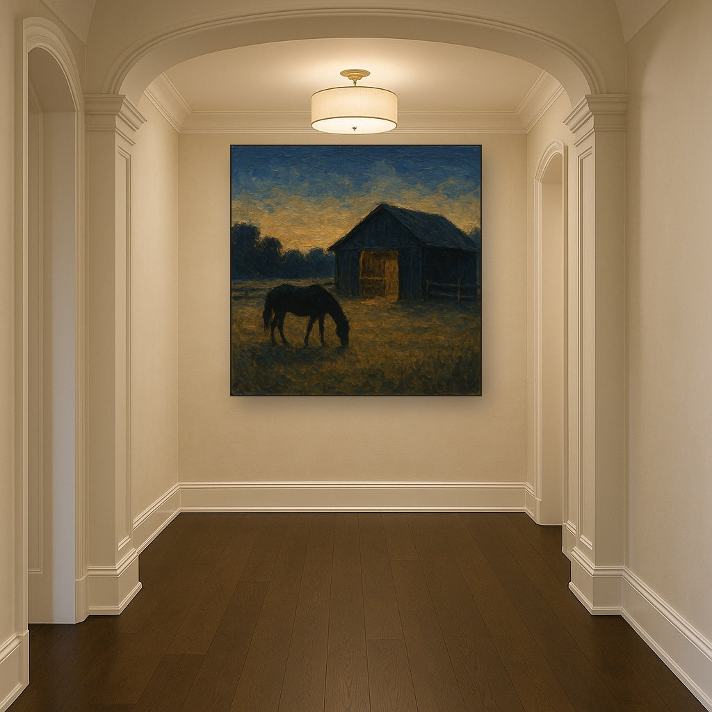 Rustic Equestrian Stable Silhouette No. 4 Oil Painting - Styled in Entryway Hallway